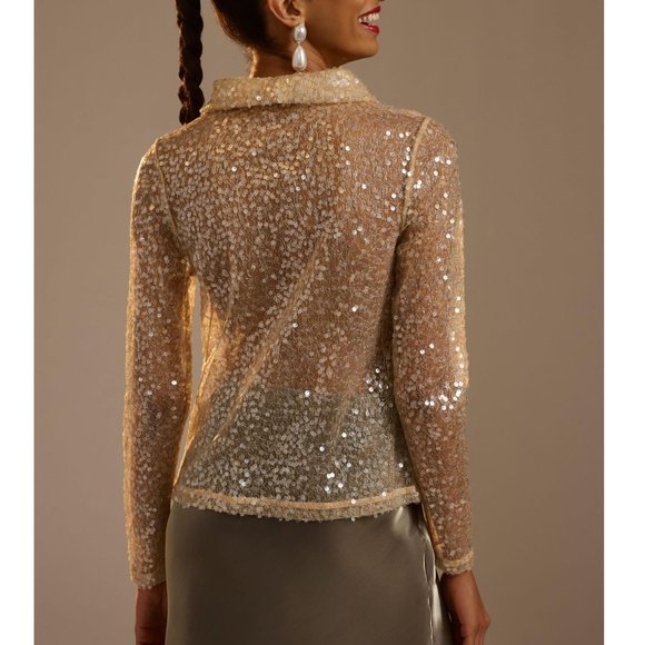 Anthropologie Sunday in Brooklyn Sheer Sequin Turtleneck Gold Champagne Small - Picture 4 of 11